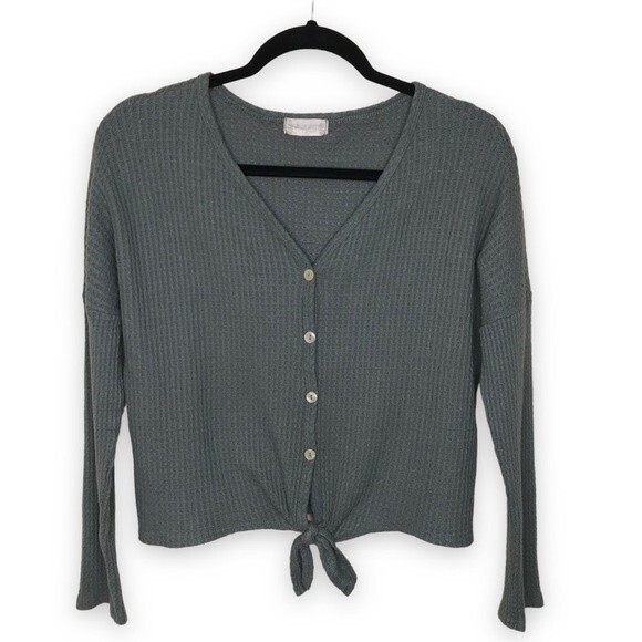 Altar'd State Dreamin' in Thermal Waffle Knit Front Tie Olive Green Size Medium - Picture 1 of 10